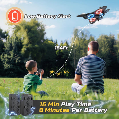 Foam RC Plane Drone for Kids, Remote Control Airplane Fighter Jet with LED Light, Auto Hover, 360°Flip, 2 Batteries (16 Mins Flight), Easy-to-Fly Helicopter Toy for Beginners