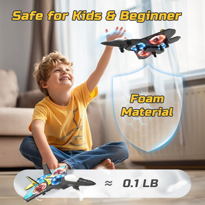 Foam RC Plane Drone for Kids, Remote Control Airplane Fighter Jet with LED Light, Auto Hover, 360°Flip, 2 Batteries (16 Mins Flight), Easy-to-Fly Helicopter Toy for Beginners