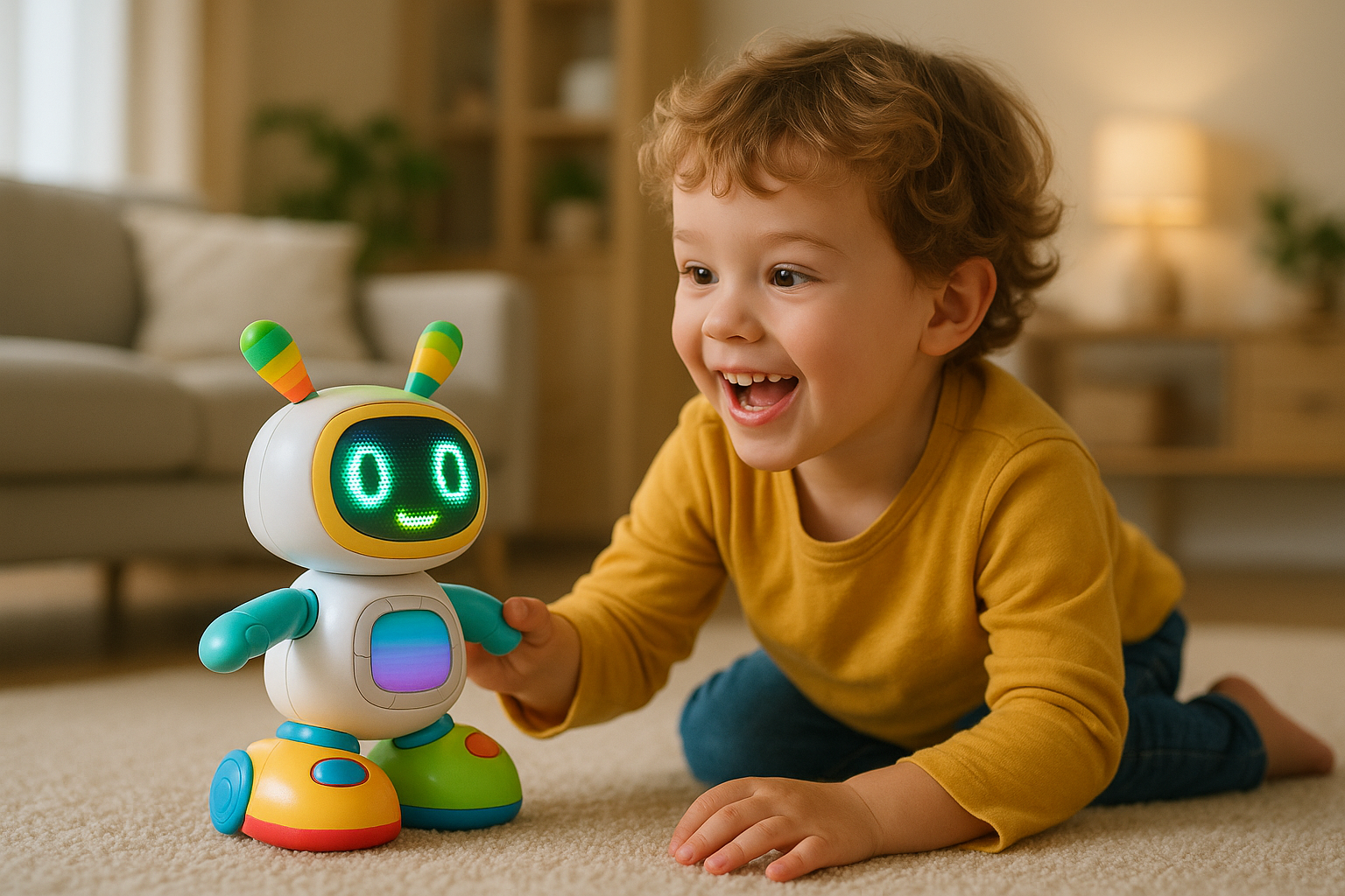 A kid playing with an AI-powered smart toy/robot indoors, smiling with excitement.